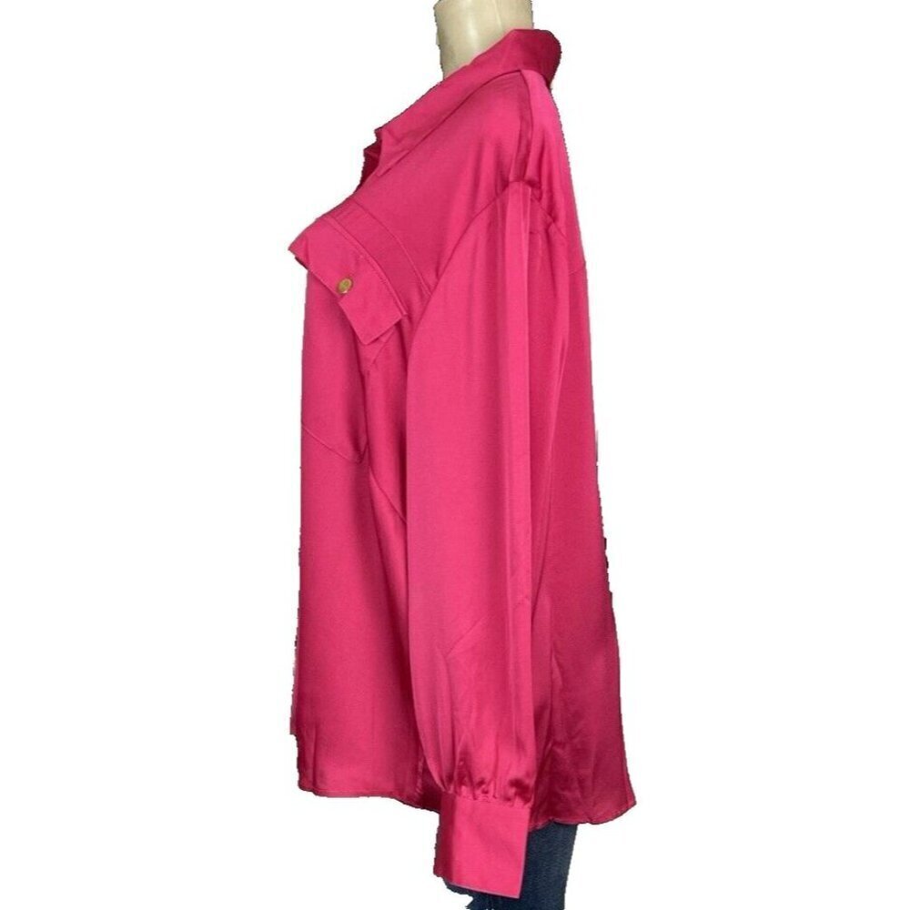 Fashion To Figure +3 Rose Pink Satin Button Down Collar Pocket Long Sleeve Shirt — image 5 of 6